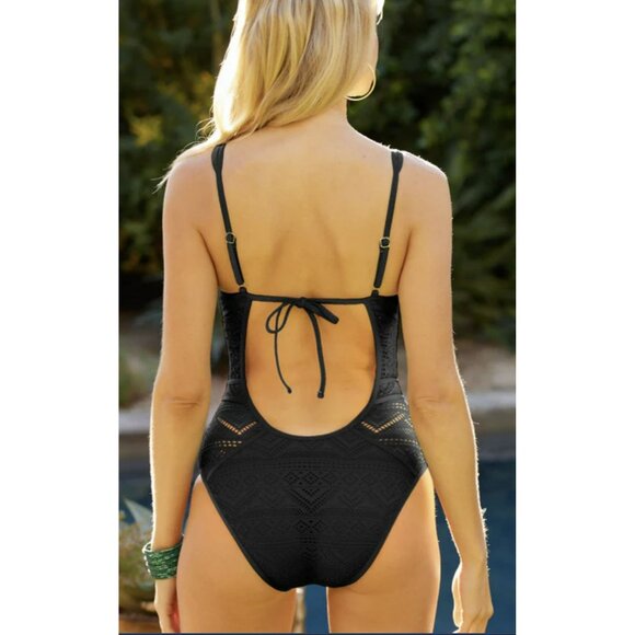 Becca XL $128 Black Crochet One-Piece Swimsuit Bathing Suit NWT - Picture 3 of 12